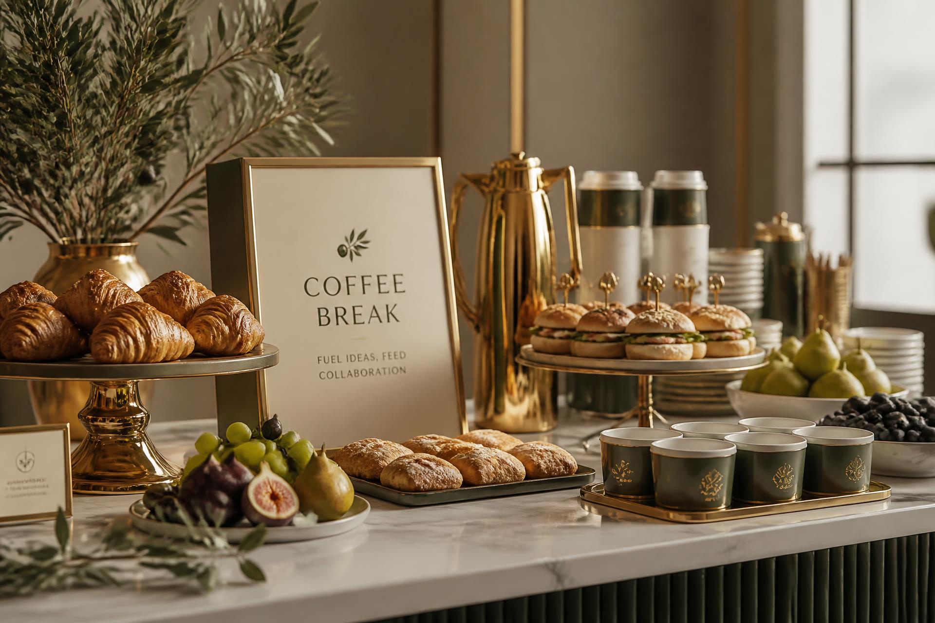 Mesa de coffee break corporativo premium montada pela Áurea Gastronomia